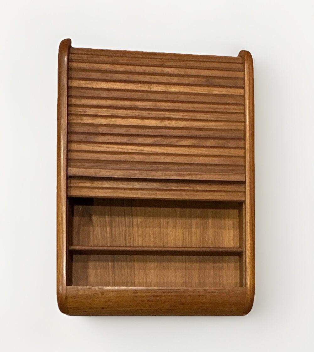 Vintage MCM Danish Modern Teak Roll Top Desktop Organizer Tambour Storage Box